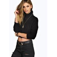 Roll Neck Cable Crop Jumper - black