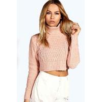 Roll Neck Cable Crop Jumper - pink