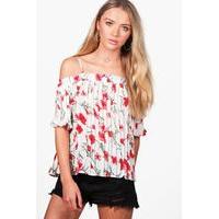 Rose Print Pleated Cold Shoulder Top - white