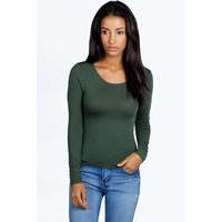 Round Neck Long Sleeve Top - khaki