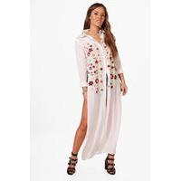 rose embroidered front maxi shirt ivory