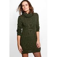 Roll Neck Cable Jumper Dress - khaki