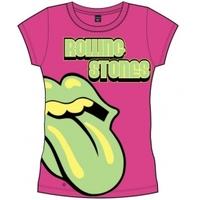 Rolling Stones Green Tongue Hot Pink Ladies T Shirt: Medi