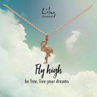 rose gold flamingo necklace with fly high message