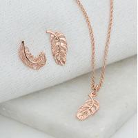 Rose Gold Feather Jewellery Set With Stud Earrings