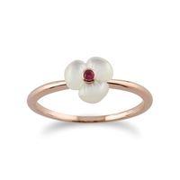 Rose Plated Sterling Silver Floral Mother of Pearl & Ruby Ring