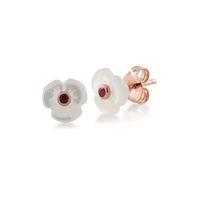 Rose Gold Plated Sterling Silver Mother of Pearl & Ruby Poppy Stud Earrings