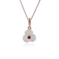 Rose Gold Plated Silver Mother of Pearl & Ruby Poppy Pendant on 45cm Chain