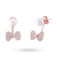 Rose Gold Plated Silver Pearl Cubic Zirconia Bow Front And Back Earrings