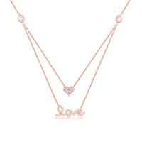 Rose Gold Plated Silver Cubic Zirconia Heart Love 2 Layer Necklace