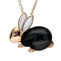 Rose Gold Whitby Jet And White Mother of Pearl Diamond Ruby Rabbit Pendant