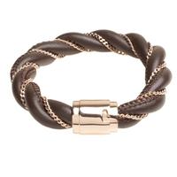 Rose Gold Plated Silver Chain Brown Leather Bracelet ELBR91320B195