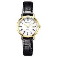Rotary Ladies Windsor Gold plated 27mm Black Leather Strap Watch
