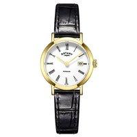 rotary ladies windsor gold plated 27mm black leather strap watch