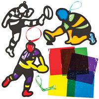 rugby player stained glass effect decorations pack of 6