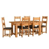 rustic oak 180 220 260 ext table and 6 leather seat chairs