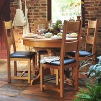 Rustic Oak 110-145 Ext. Round Table and 4 Leather Seat Chairs