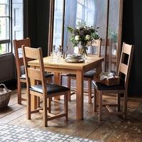 rustic oak 90 155cm ext table and 4 leather seat ladderback chairs