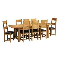 rustic oak 220 265 310 ext table and 8 leather seat chairs