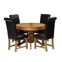 Rustic Oak 110-145 Ext. Round Table and 4 Leather Chairs