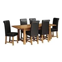 rustic oak 180 220 260 ext table and 6 leather chairs