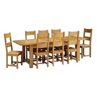 rustic oak 220 265 310 ext table and 8 wooden seat chairs