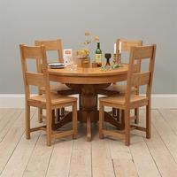 Rustic Oak 110-145 Ext. Round Table and 4 Wooden Seat Chairs