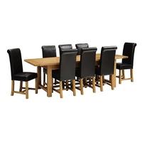 rustic oak 220 265 310 ext table and 8 leather chairs