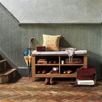 rustic oak shoe storage bench and cushion