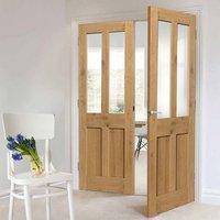 rustic oak shaker 2 panel 2 pane prefinished door pair with clear safe ...