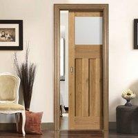 Rustic Oak 1930 DX Shaker Single Pocket Door - Prefinished With Obscure Safety Glass
