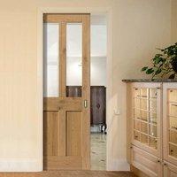Rustic Oak Shaker 2 Panel 2 Pane Single Pocket Door - Prefinished With Clear Safety Glass