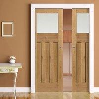Rustic Oak 1930 DX Shaker Double Pocket Doors - Prefinished With Obscure Safety Glass