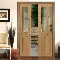 Rustic Oak Shaker 2 Panel 2 Pane Double Pocket Doors - Prefinished With Clear Safety Glass