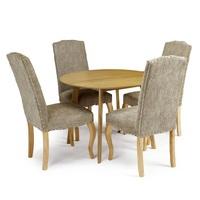 ruby dining table in oak with 4 madeline chair in bark fabric