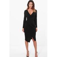 Ruched Wrap Over Tailored Dress - black