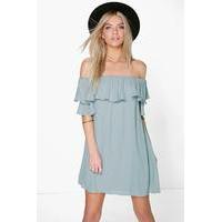 ruffle off shoulder woven dress blue