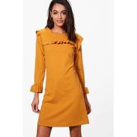 Ruffle Neck & Cuff Tailored Dress - mustard