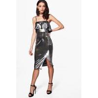 Ruffle Metallic Strappy Midi Dress - silver