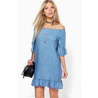 Ruffle Of The Shoulder Denim Dress - blue