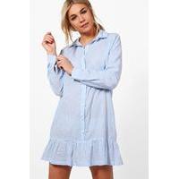 Ruffle Hem Stripe Shirt Dress - blue