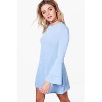 Ruffle Flare Sleeve Knitted Skater Dress - blue