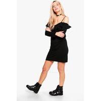 Ruffle Cold Shoulder Shift Dress - black