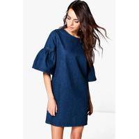 ruffle sleeve denim dress dark blue