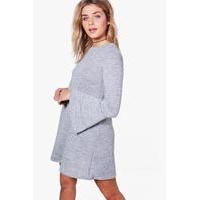 ruffle flare sleeve knitted skater dress grey