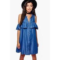 ruffle cold shoulder denim dress blue