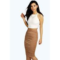 Ruched Sides Jersey Midi Skirt - camel