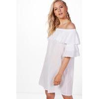 ruffle off shoulder dress white