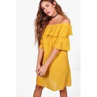 ruffle off shoulder dress mustard