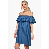 ruffle off shoulder chambray dress indigo